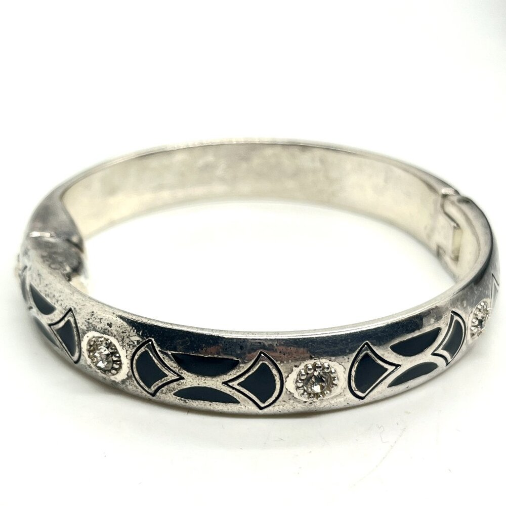 BRIGHTON Silver Bangle Bracelet Black Enamel Crystal Hinged Signed Vintage